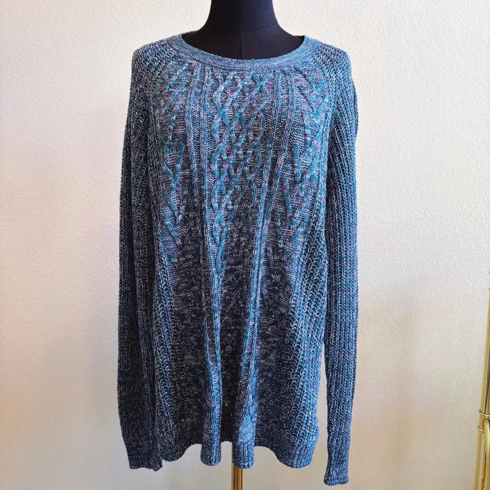 Faded Glory Womens SZ XXL (20) Cable Knit Sweater Antique Teal Blue Cotton Blend